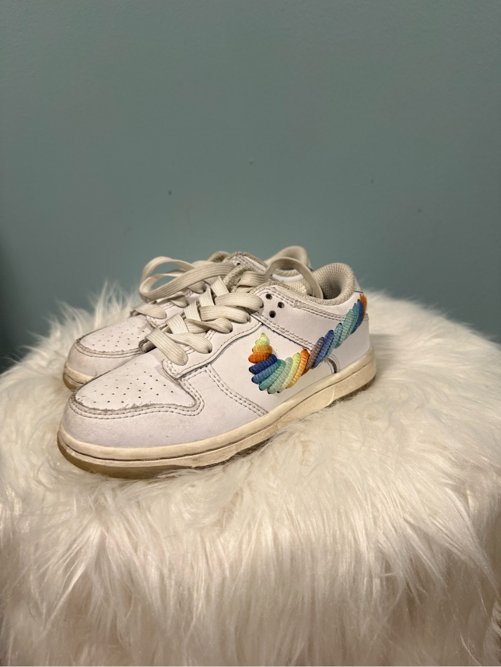 Nike Kids White Sneakers with Rainbow Swoosh Embroidery
